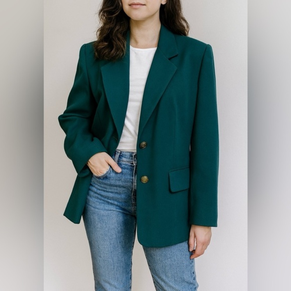 Vintage Kasper Emerald Green Blazer Gold Button Structured Jacket Size 8